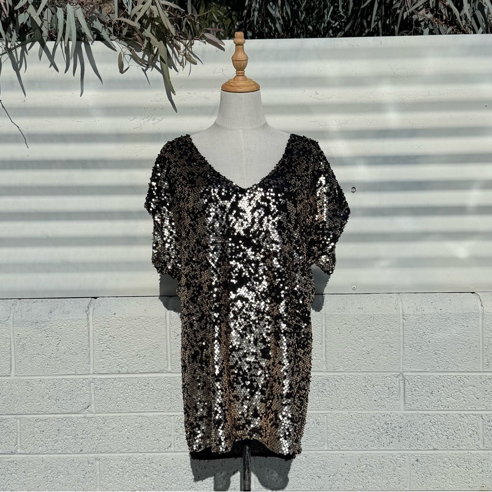 Free People Pop Goes The Party Sequin Mini Tunic Dress • XS • Black Gold